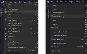 Left: Visual Studio 17.6 menu UI; Right: Proposed menu UI