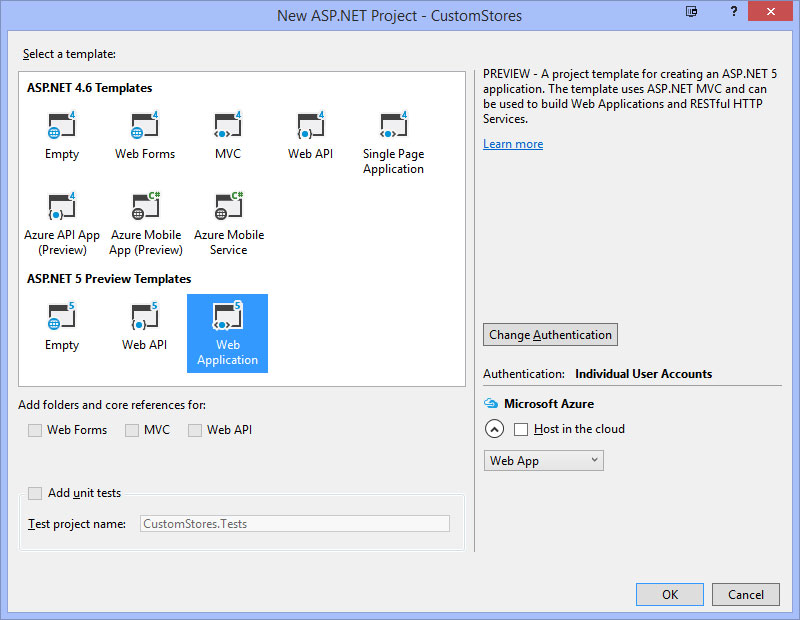 Customize Authentication With Asp Net Identity Visual Studio Magazine - selecting the web application asp net 5 preview template