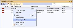 Improved right-click menu and combine duplicates for XAML binding failure diagnostic