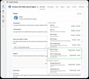 Microsoft Copilot Studio GPT-5.1 Model Selection