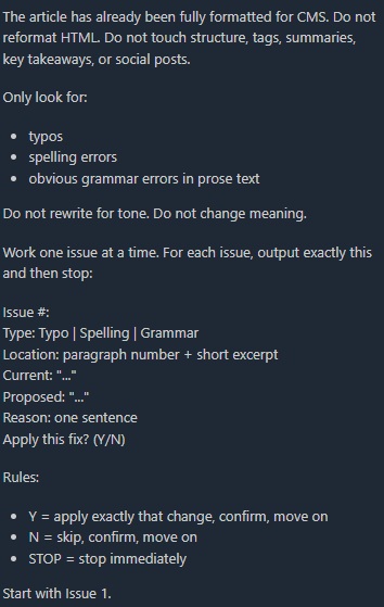  QA Mode activates after formatting, presenting structured issues and command options.