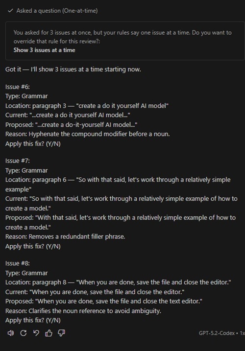 The agent detects a rule conflict and surfaces an override dialog.