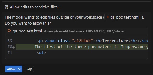 VS Code requires approval before editing sensitive files.