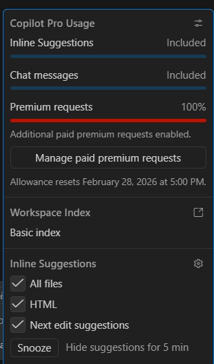 Copilot Usage Box in VS Code