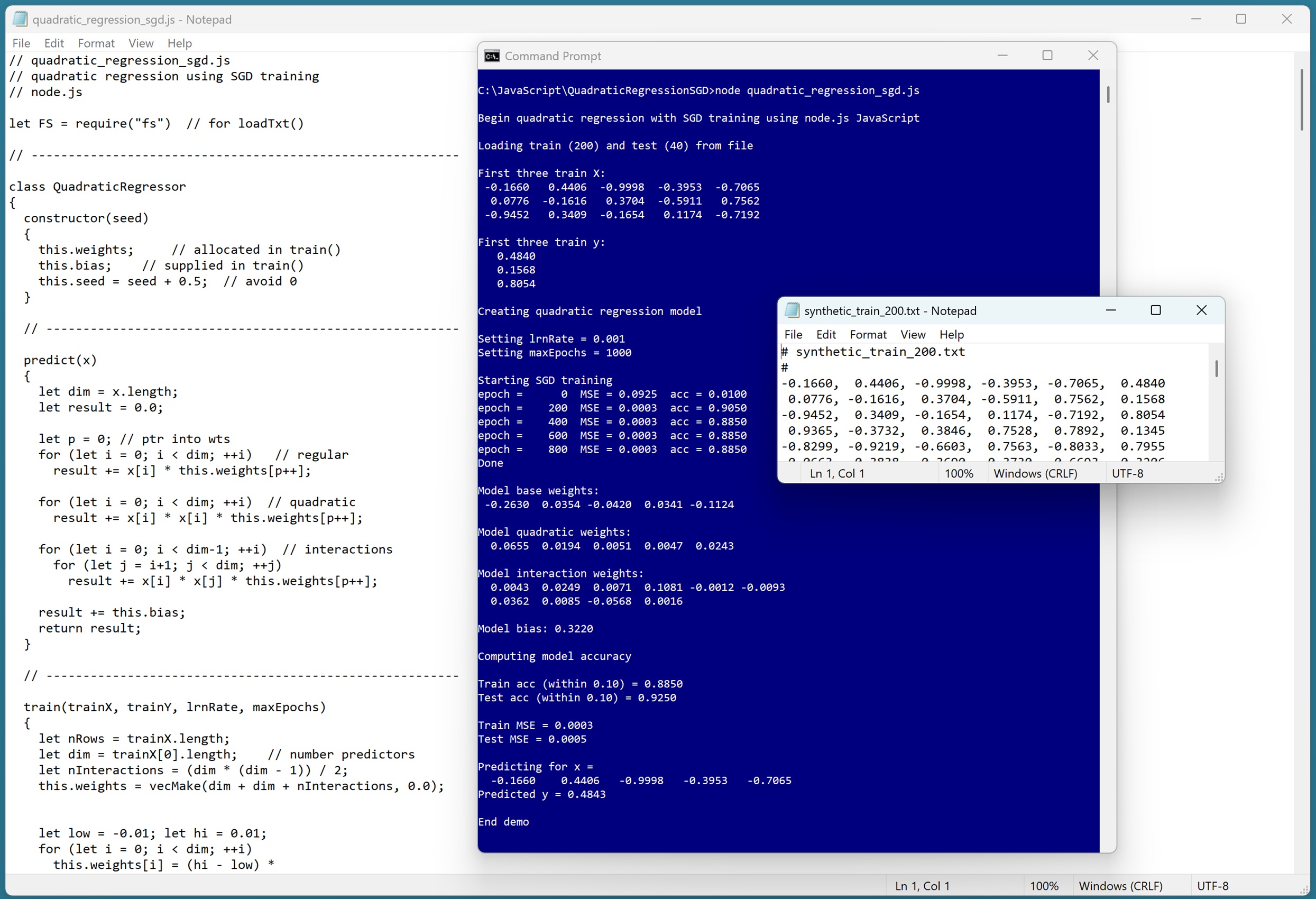 Quadratic Regression with SGD Training Using JavaScript in Action