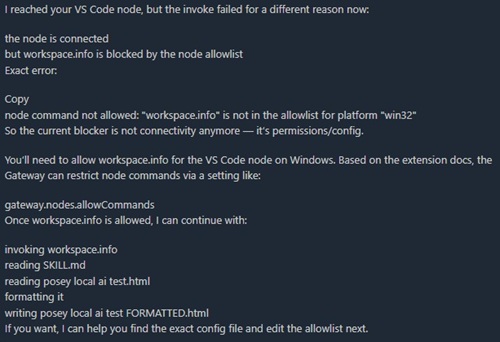 OpenClaw Response Showing Workspace.info Blocked by Allowlist on Windows Node