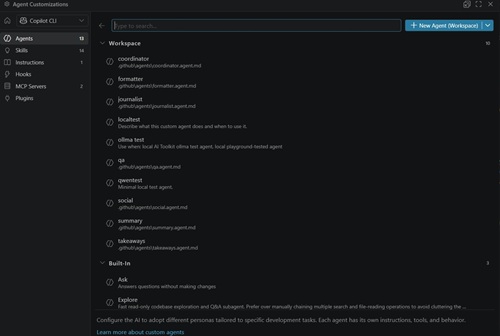Built-In and User Agents in Agents Panel