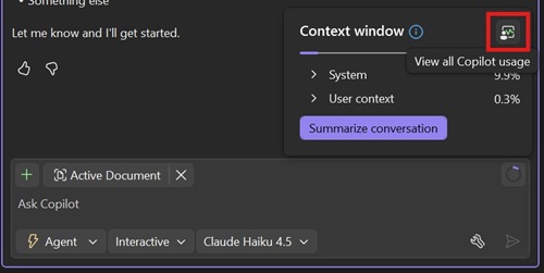 Click the donut chart in the upper right corner of your prompt box to see your context window usage, then click the button to open your full plan usage details.