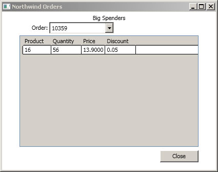 A WPF app successfully pulls Northwind orders via a LINQ query using the new Any operator.